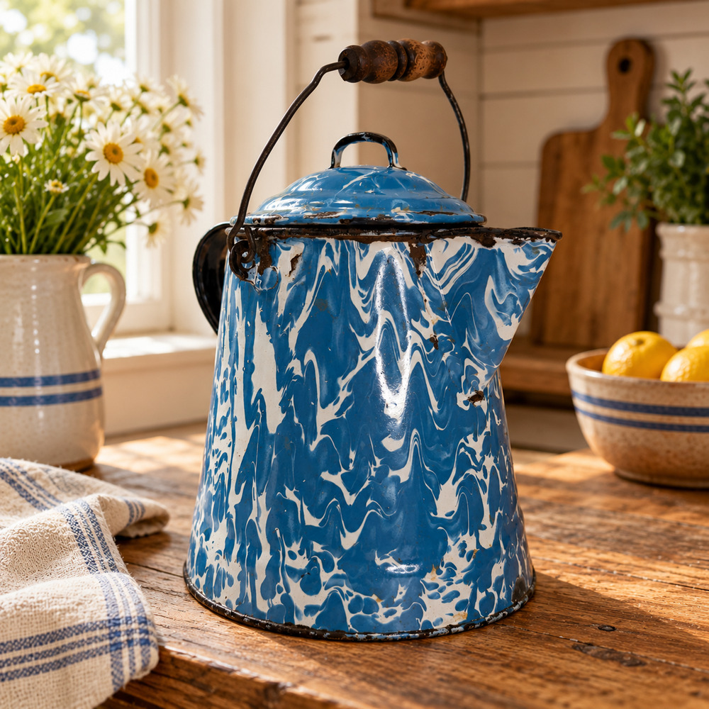 Antique Blue White Swirl Graniteware Enamel Coffee Pot Boiler